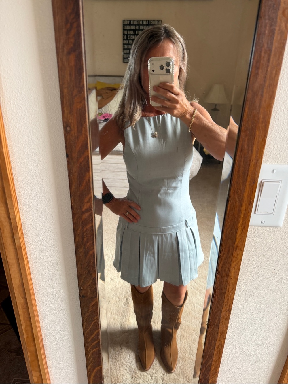 Altar'd State Light Blue Pleated Mini Dress- Just add boots!